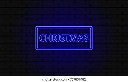 Dark web banner for Christmas. Modern neon blue billboard on brick wall. Concept of advertising for seasonal offer with glowing neon text