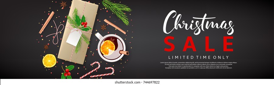 Dark Web Banner for Christmas Sale. Vector Illustration with Discount Offer. Promo Greeting Card with Lettering. Top View on Festive Decoration with Paper Gift Box for Happy New Year.