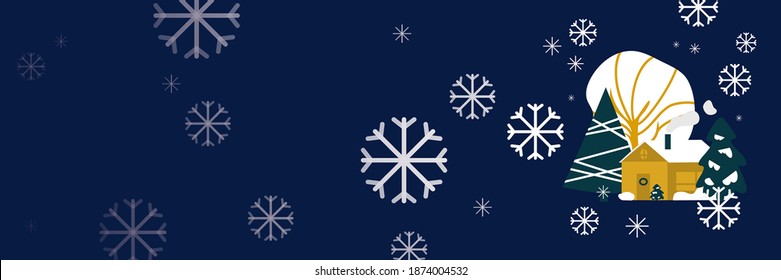 Dark Web banner. Night  winter landscape with house and forest background. Outdoor concept for holidays invitation. Flat vector illustration