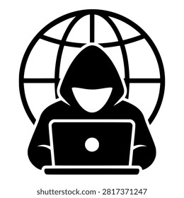 Dark Web Icon with Anonymous Hooded Hacker Using Laptop and Globe for Cybercrime and Online Security Threats