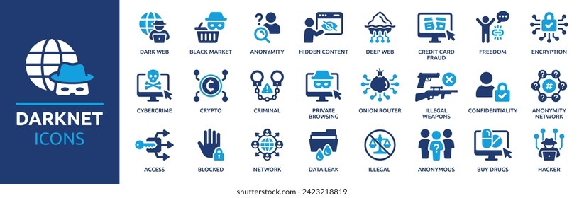 Dunkles Web-Icon-Set. Mit dunklem Internet, tiefem Web, Verschlüsselung, Anonymität, Cyberkriminalität, ZwiebelRouter, Hacker und mehr. Kollektion von festen Vektorsymbol.