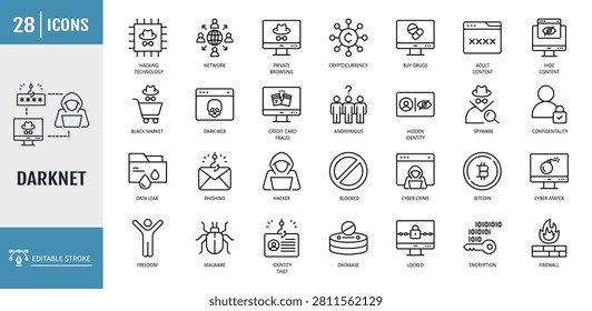 Dark web icon set. including darknet, deep web, encryption, anonymity, cybercrime, onion router, hacker and more. outline icon set. vector illustration with editable stroke