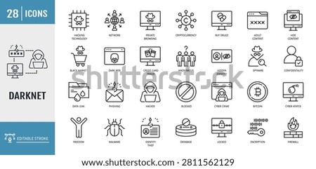 Dark web icon set. including darknet, deep web, encryption, anonymity, cybercrime, onion router, hacker and more. outline icon set. vector illustration with editable stroke