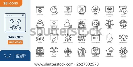 Dark web line editable icon set. Containing darknet, deep web, encryption, anonymity, cybercrime, onion router, hacker and more. Editable stroke. Vector illustration