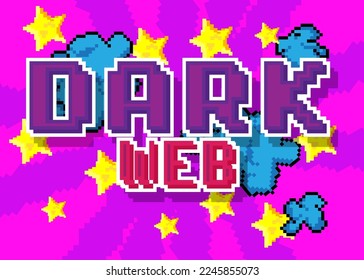 Dark Web. Pixelated word with geometric graphic background. Vector cartoon illustration.