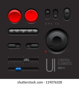 Dark Web UI Elements. Buttons, Switches, bars, power buttons, sliders. Part two. Vector illustration