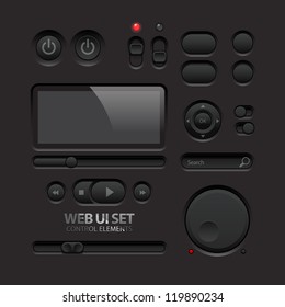 Dark Web UI Elements. Buttons, Switches, bars, power buttons, sliders. Part two. Vector illustration