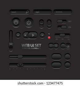 Dark Web UI Elements. Buttons, Switches, Bars, Power Buttons, Sliders. Vector Illustration