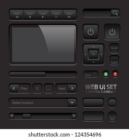 Dark Web UI Elements. Buttons, Switches, bars, power buttons, sliders. Vector illustration