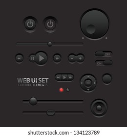 Dark Web UI Elements. Buttons, Switches, bars, power buttons, sliders. Vector illustration