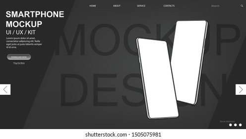 Dark webpage and smartphone mockups in isometric position.Mobile phones in 3d realistic style. UI,UX,KIT design template for template for advertising or page to the site, presentation. Vector image