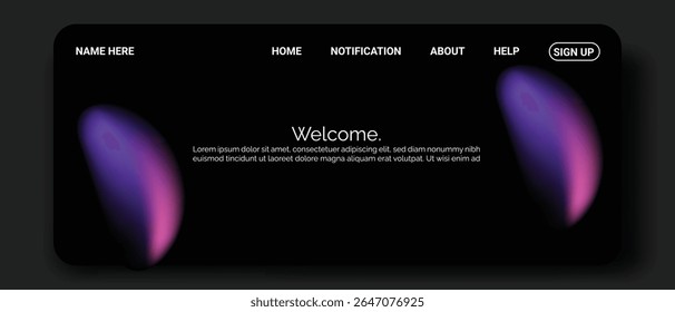 A dark website header with a soft gradient orb in purple and pink on the left and right sides. 