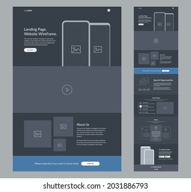 Dark website landing page. Wireframe design template for business. One page site layout interface. Modern and responsive design.