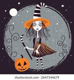 Dark and whimsical Halloween illustration featuring a spooky young witch in striped hat and dress, holding a staff next to a carved pumpkin under the moonlight, surrounded by stars and twisted plants.