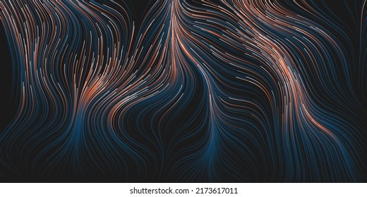 Dark White, Brown and Blue Moving, Flowing Stream of Particles in Curving, Wavy Lines - Digitally Generated Futuristic Abstract 3D Geometric Background Design, Generative Art in Editable Vector Format