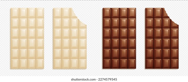 Dark and white chocolate bars with bites. Sweet milk chocolate with tile pattern in top view isolated on transparent background, vector realistic illustration