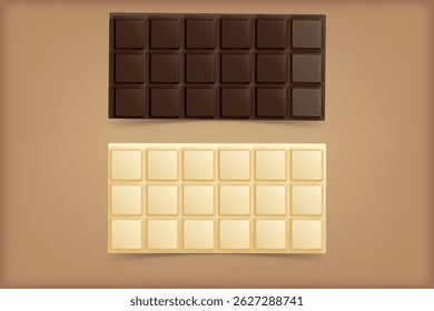 Dark and white chocolate bars in top view, ideal for dessert packaging, sweet branding, or food product visuals.