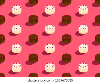 Dark and White Chocolate Cake with cherry 3D isometric seamless pattern, Happy Birthday celebration concept poster and social banner post design illustration on pink background with space, vector