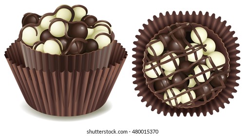 Dark and white chocolate in cup illustration