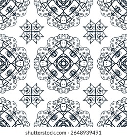 Dark white classic seamless geometric pattern with funny lambs and wolves. Ethnic ornament. Hand drawn abstract background. Vector. Template for fabric and textile