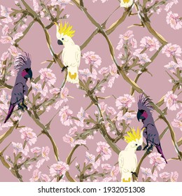 Dark and white cockatoo parrots on a lattice of pink almond branches. Seamless vector pattern. Tropical birds and flowers. Square design for fabric, wallpaper, wrapping, invitation.