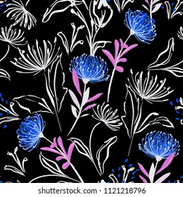 Dark  white hand drawing and paint sketch flower and leaves line  in the garden seamless pattern vector for fashion,fabric and all prints on black background.