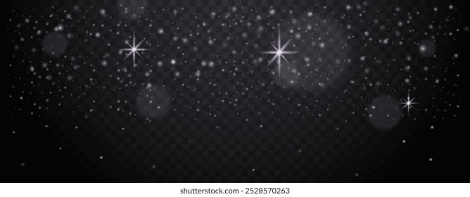 Dark white starry sky with glowing particles and light flares on transparent background. Abstract sparkling effects Glare light effect. Star dust, sparkles. Neon light. Night star
