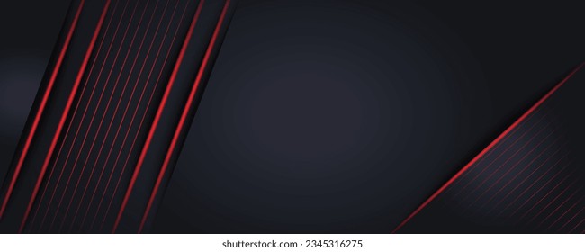 Dark wide abstract banner. Abstract dark gray background with red light lines on empty space. vector background