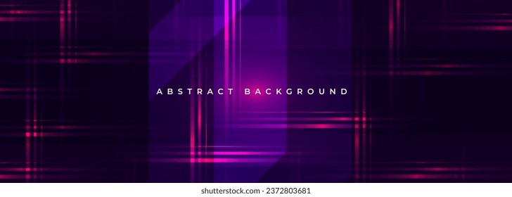 Dark wide abstract horizontal futuristic banner with pink striped glowing lines. Vector illustration background