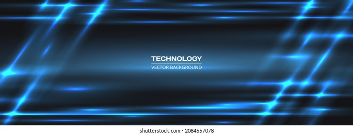 Dark wide abstract technology banner with blue neon lines. Technology banner with blue luminous lines. Futuristic technological modern background.
