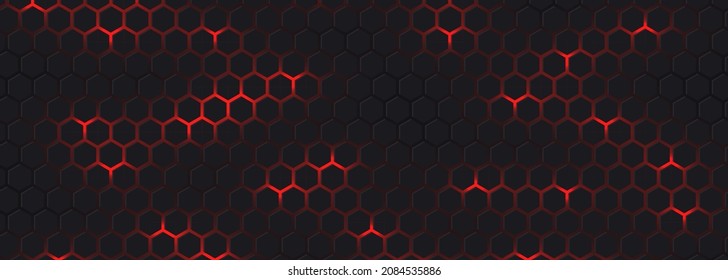 Dark wide hexagon abstract technology futuristic background with red bright energy flashes. Dark honeycomb texture grid. Vector illustration