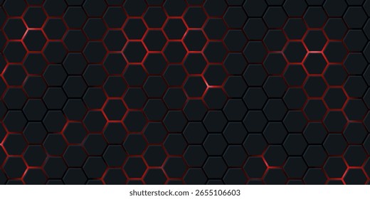 Dark wide hexagon abstract technology futuristic background with red bright energy flashes. Dark honeycomb texture grid. Vector illustration
