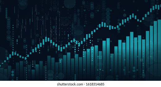 Dark Widescreen Abstract financial graph with uptrend line and bar chart of stock market.Matrix. Binary Computer Code.Falling dots. blue color background