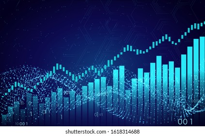 Dark Widescreen Abstract financial graph with uptrend line and bar chart of stock market.Matrix. Binary Computer Code.Falling dots. blue color background