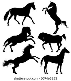 Dark wild horse, running horses vector silhouettes isolated on white background. Wild horse silhouettes, illustration of animal mammal speed horse