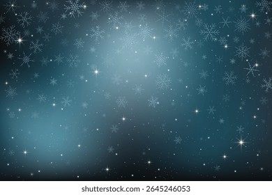 Cielo oscuro de la noche del invierno con los copos de nieve que caen estrellas brillantes y un fondo azul-negro. La ilustración celeste combina la luz de la galaxia, la magia de la nebulosa y el diseño de la fantasía de la constelación. Ilustración vectorial
