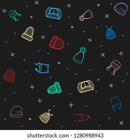 Dark winter pattern with bright elements made of different winter caps and hats outlined icons
