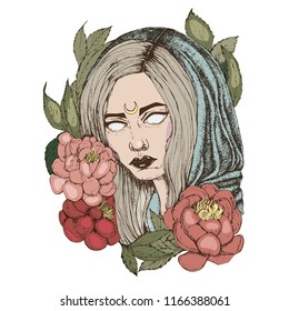 Dark witch in the hood painting, vector illustration