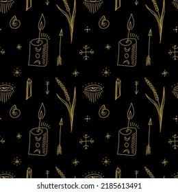 Dark witchy doodles repeat ornament, black and gold color. Lavender, candles, crystals and eyes. Hand drawn gothic witchcraft decor elements, vector seamless pattern. Dark boho witch staff things