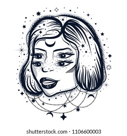 Dark, witchy four eyed lady tattoo art style.