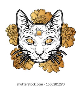 Dark witchy illustration with cat's head in flowers. Decorative design element  in flash tattoo style.