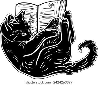 Dark witchy illustration of a magic cat with book. Tattoo art style.