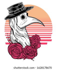 Dark witchy illustration of plague doctor with flowers. Tattoo art style. Medieval  venetian mask concept.