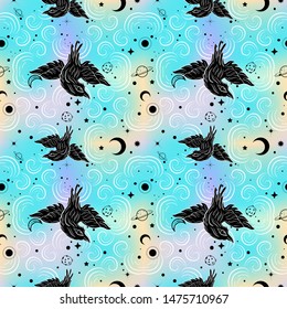 Dark witchy seamless pattern with crow in the sky. Pastel goth vibes.