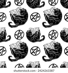 Dark witchy seamless pattern of a magic cat with book. Tattoo art style.