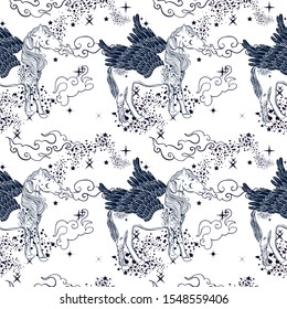 Dark, witchy seamless pattern with mystical creature Pegasus, sky, clouds and stars. Tattoo art style. Bohemian vibes.