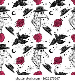 Dark witchy seamless pattern with plague doctor, raven and flowers.  Tattoo art style. Mystic, occult background. Trendy vector illustration.