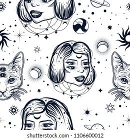 Dark witchy seamless pattern in tatto art style with four eyed lady and cat