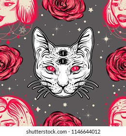 Dark witchy seamless pattern in tatto art style with four eyed lady, cat and roses