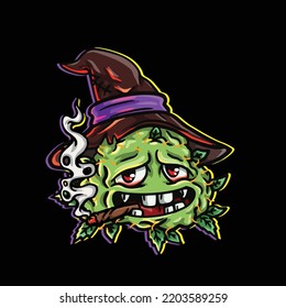 Dunkle Zauberbuegel nug cartoon Maskottchen Rauchen stumpf aus Unkrautblume nug cannabis marihuana